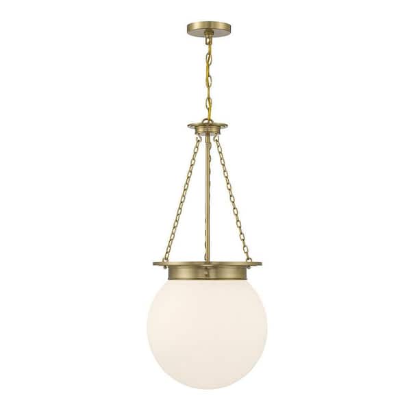 Savoy House Manor 13.50 in. W x 31 in. H 3-Light Warm Brass Standard Pendant Light with White Opal Glass Shade