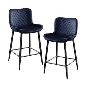 Chevre 24 in. Black Metal Counter Height Chair with Blue Velvet Seat (Set of 2)