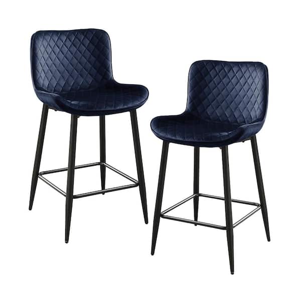 Lazzara Chevre 24 in. Black Metal Counter Height Chair with Blue Velvet Seat Set of 2