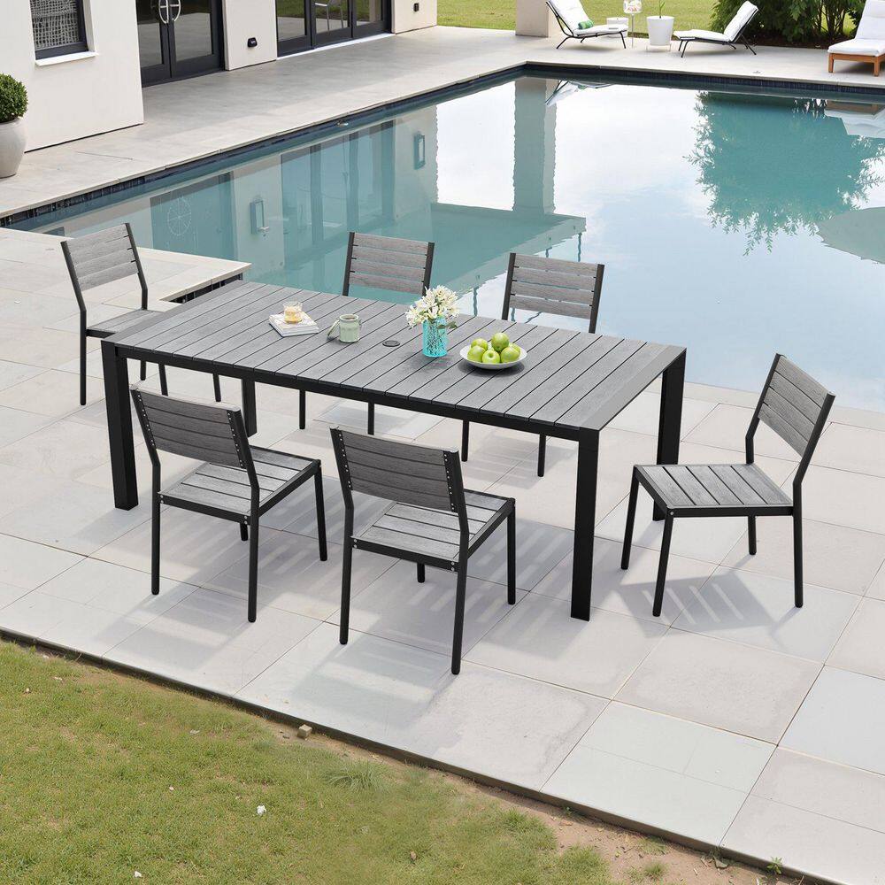Gray 7-Piece Aluminum Rectangular 83.86 in. Table Outdoor Dining Set with Umbrella Hole
