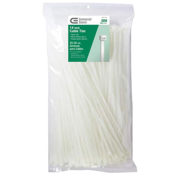 Commercial Electric 14in Standard 50lb Tensile Strength UL 21S Rated Cable Zip Ties 500 Pack Natural (White)