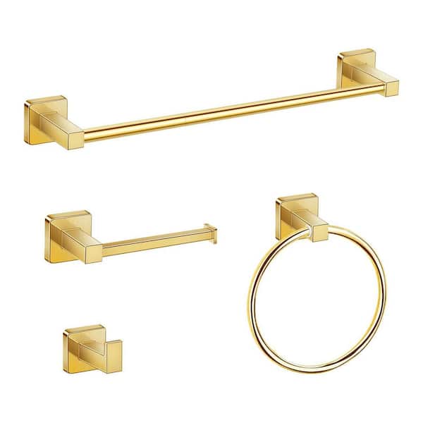 Unbranded 4-Piece Wall-Mounted Bath Hardware Set with 24 in. Towel Bar, Towel Ring, Robe Hook and Toilet Paper Holder in Gold
