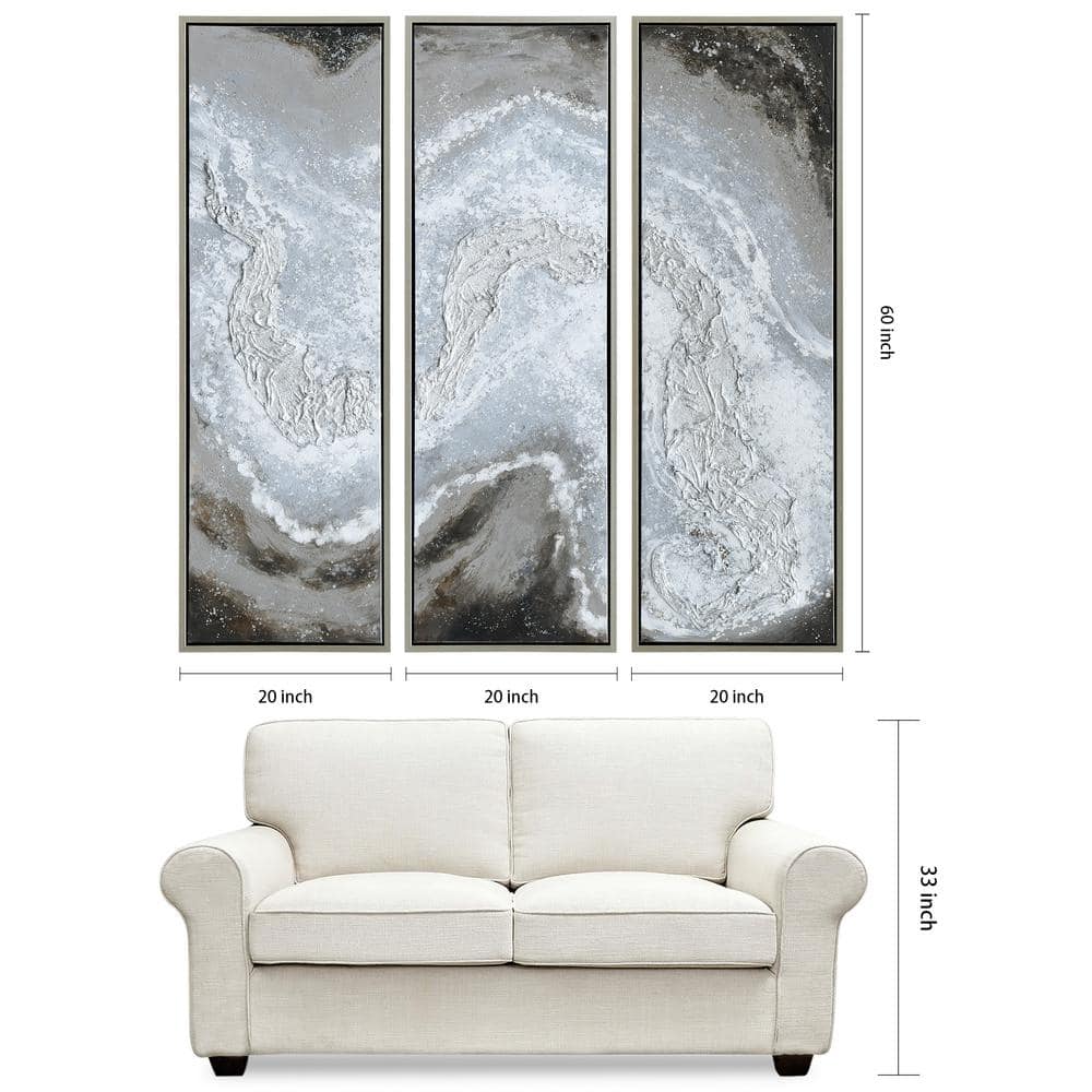 Iced Textured Abstract Triptych Oil Painting with Champagne Frame