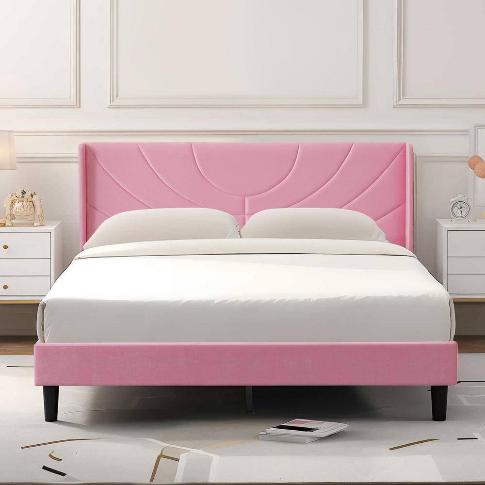 VECELO Upholstered Bed Pink Metal Frame Queen Platform Bed with ...