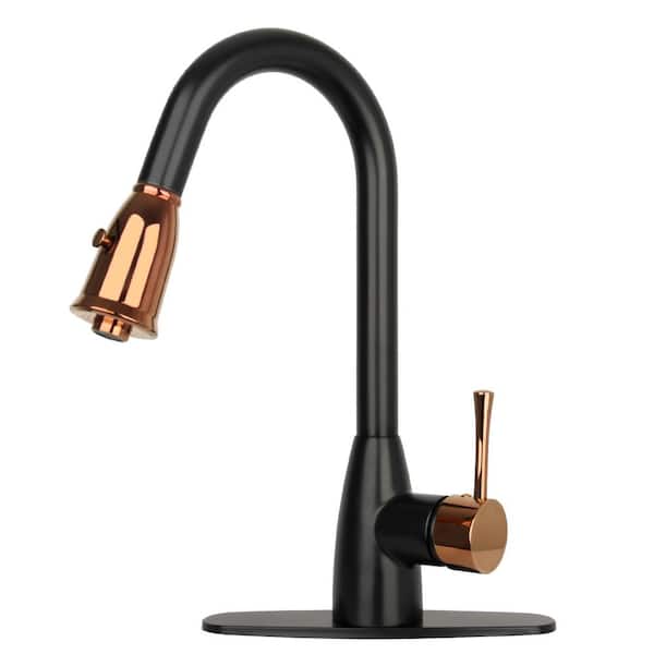 Akicon One-Handle Matte Black and Rose Gold Pull Down Kitchen Faucet with Deck Plate - 5 Years Warranty