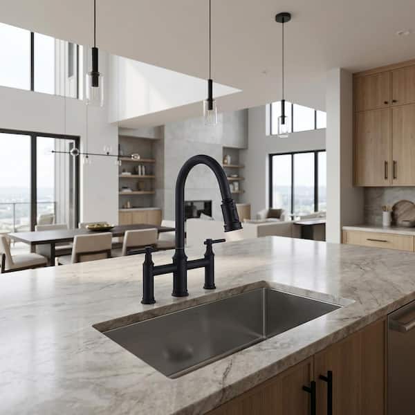 Double Handle Bridge Kitchen Faucet with 3-Mode Pull-Down Spray Head in Matte Black