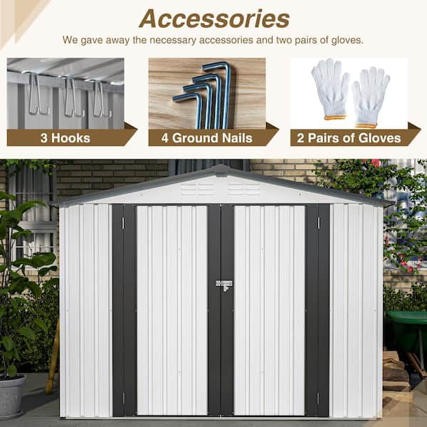 Unbranded - 8 ft. W x 6 ft. D White Outdoor Metal Storage Shed Garden Tools Room with Lockable Doors, Hooks and Vents (48 sq. ft.)