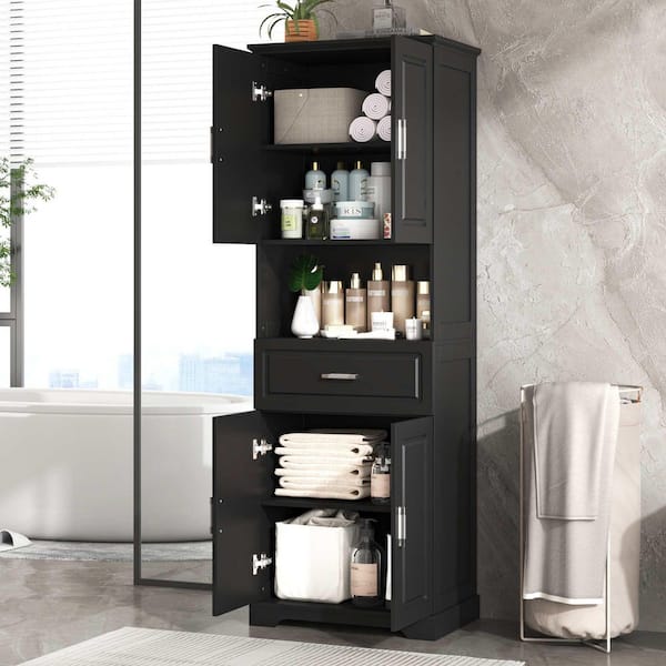 Black 70.8 in. H Accent Cabinet, Bathroom Storage Cabinet with 4-Doors, Large Storage Space Open Shelf