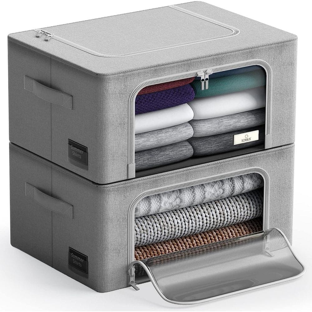 Storage Bins, Organizers with Metal Frame, Handles, and Window, Gray 15.75 