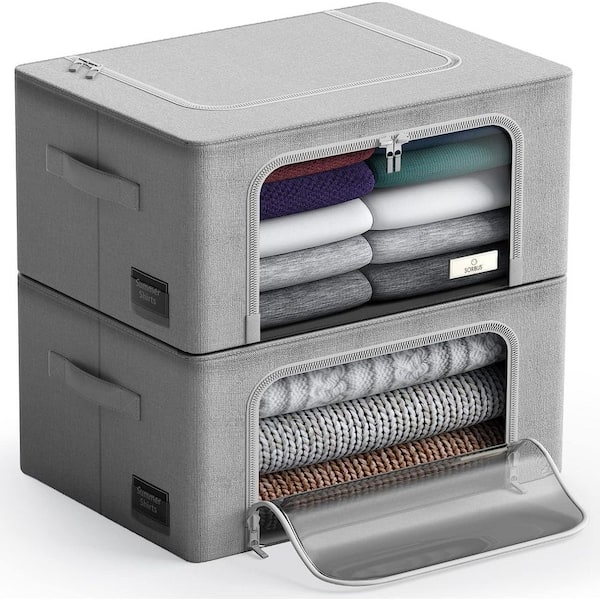 Storage Bins, Organizers with Metal Frame, Handles, and Window, Gray 15.75 in. x 8 in. Fabric Decorative Box Set of 2