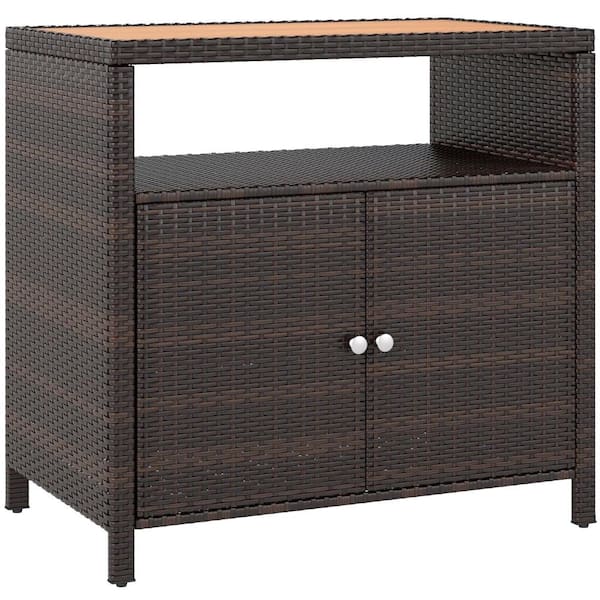 35.4 in. W Brown Wicker Outdoor Storage Cabinet with Acacia Wood Top, Patio Bar Table, Poolside Storage Organizer
