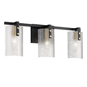 20 in. 3-Light Black Vanity Light with Hammered Glass Shade