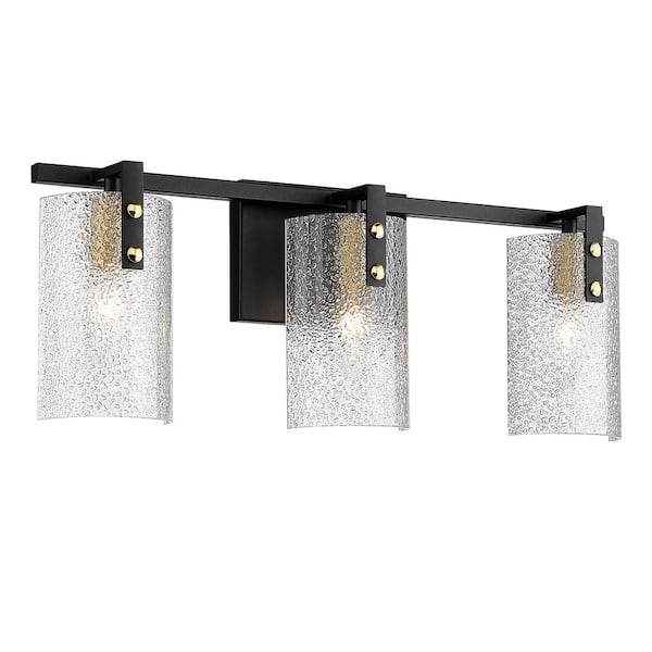 pasentel 20 in. 3-Light Black Vanity Light with Hammered Glass Shade ...