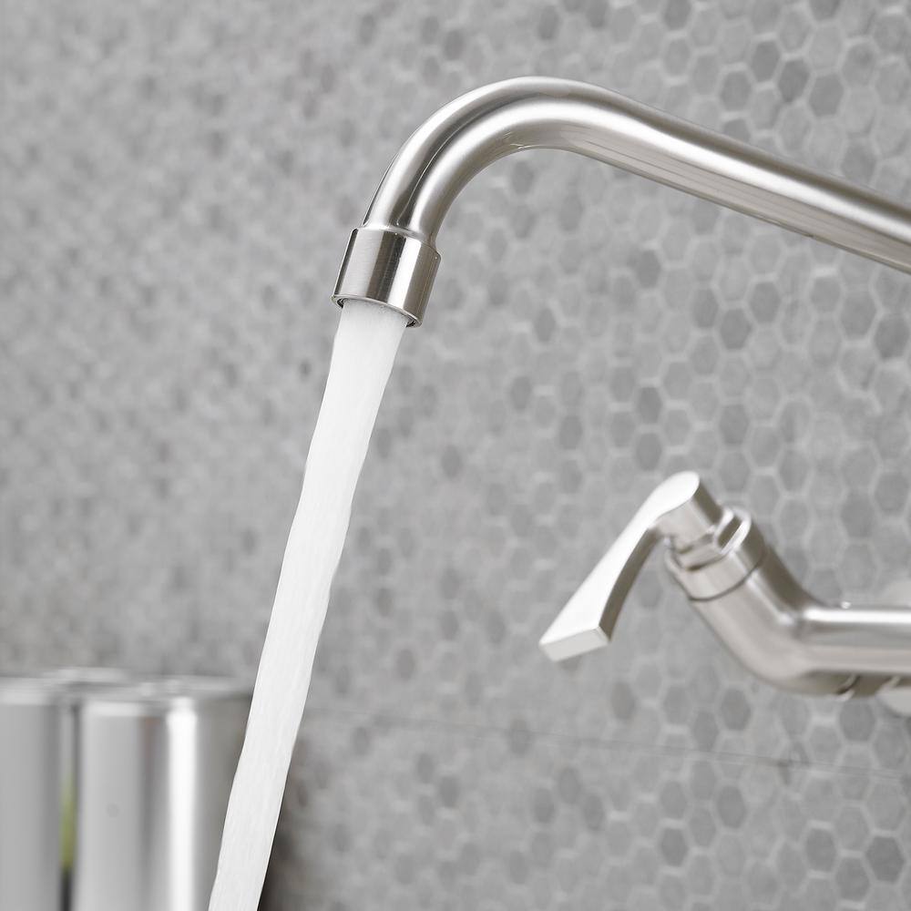 Brushed Nickel Wall Mount Double Handle Kitchen Faucet