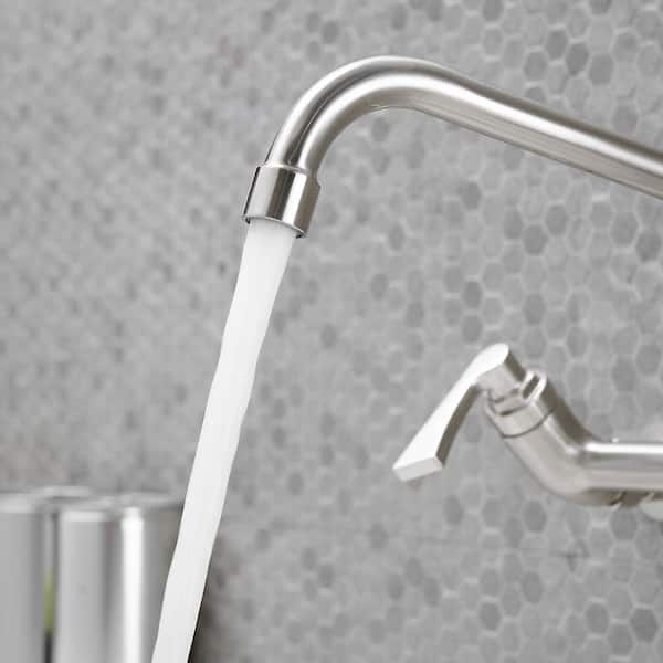 Double Handle Wall Mount Utility Faucet with 8 in. Swivel Spout Standard Kitchen Faucet in Brushed Nickel