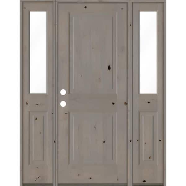 Krosswood Doors 58 in. x 80 in. Rustic Knotty Alder Right-Hand/Inswing Clear Glass Grey Stain Square Top Wood Prehung Front Door