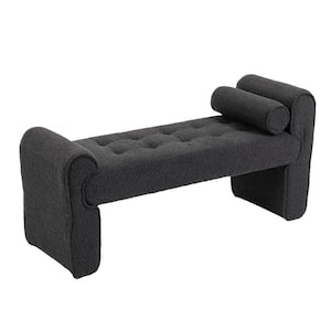 Modern Black Boucle Upholstered Bedroom Bench with Pillows