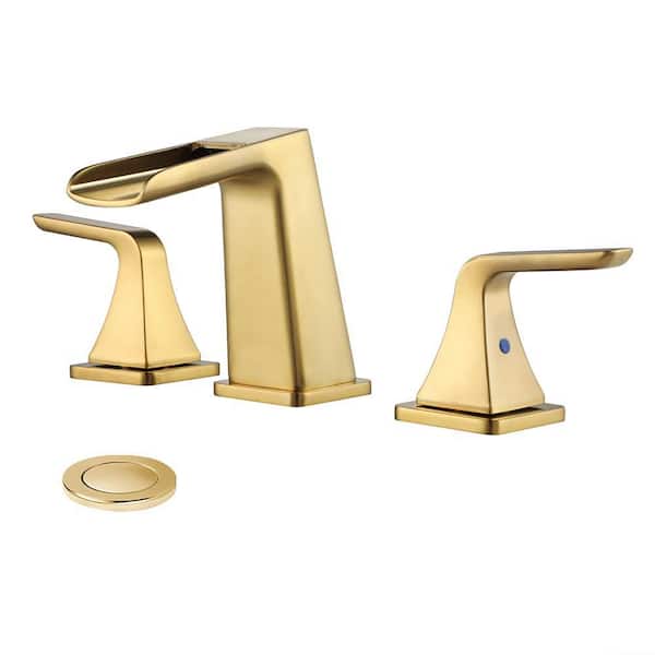 8 in. Widespread Double Handle Waterfall Bathroom Faucet with Pop Up Drain in Brushed Gold