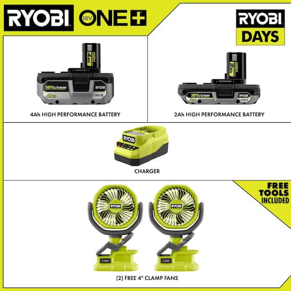 ONE+ 18V HIGH PERFORMANCE Kit w/ 4.0 Ah Battery, 2.0 Ah Battery, Charger, & FREE ONE+ Cordless Clamp Fan (2-Pack)