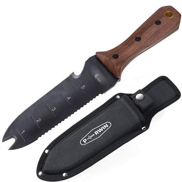 5 in. Double Forked Tip Hori Hori Garden Knife, Walnut Wood Garden Trowel Tools with Sheath for Weeding Planting