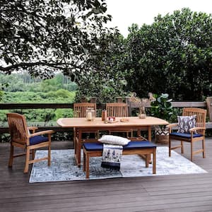 Caterina 6-Piece Teak Wood Outdoor Dining Set with Navy Cushion