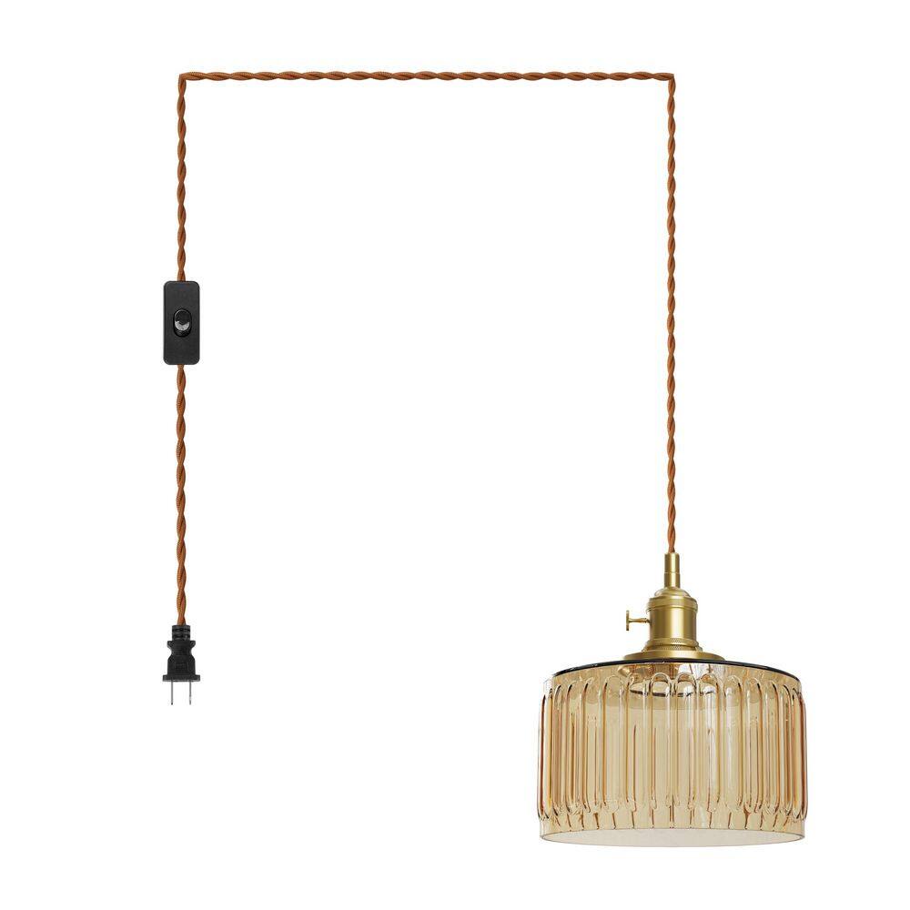 Modern 1-Light Mid-Century Plug-In Champagne Hanging Pendant Light with Ribbed Glass Shade Kitchen Island Chandelier price history on PriceWatchPro