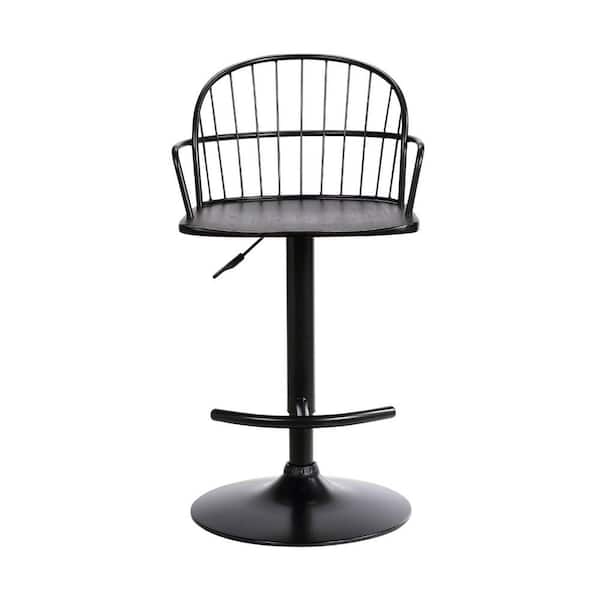HomeRoots Black Wood and Metal Adjustable Curve Back Bar Stool