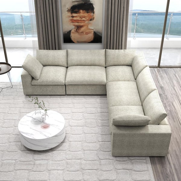 J&E Home 5-Piece Light Brown Linen Modular Free Combination Sectional Sofa Living Room Set with Removable Covers