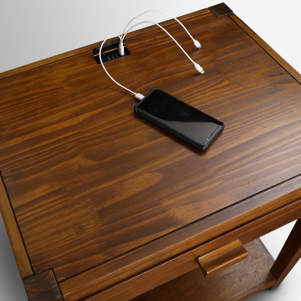 Warm Brown Solid Wood Nightstand with USB Ports