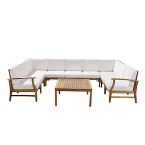 Giancarlo Teak Finish 10-Piece Wood Outdoor Sectional Set with Cream Cushions
