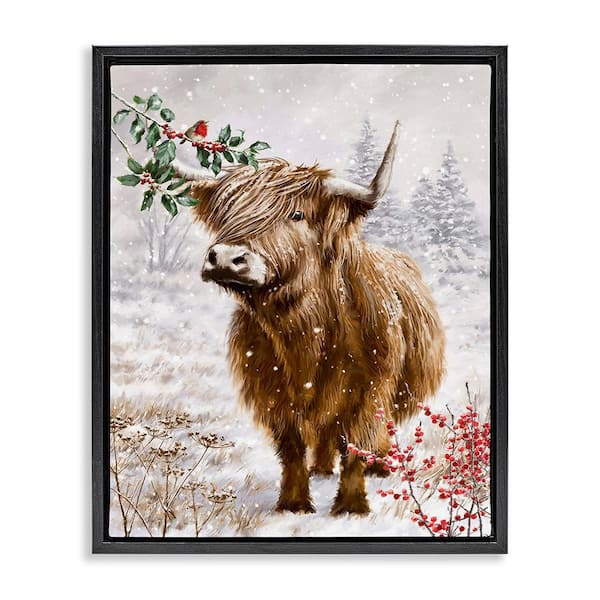 Stupell Industries Cattle with Winter Berries by Ian Saxton 1 Piece Floater Frame Graphic Print Animal Poster Art Print 21 in. x 17 in.