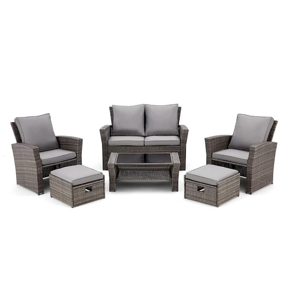 Tunearary Gray 6-Piece Rattan Outdoor Patio Conversation Waterproof Furniture Set with Gray Cushions