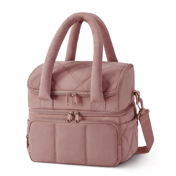 Dark Pink Lunch Bag, Double Deck Insulated Lunch Box, Quilted Puffer Lunch Tote, Leakproof, Durable Large Lunch Cooler