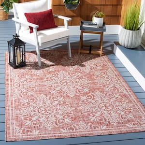 Courtyard Red/Ivory 4 ft. x 6 ft. Distressed Border Floral Indoor/Outdoor Area Rug
