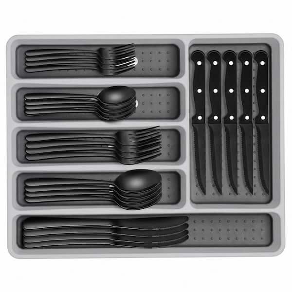 49-Piece Silverware Set with Organizer, Heavy Duty Stainless Steel Utensil Set of 8, Rust-Proof, Dishwasher Safe, Black