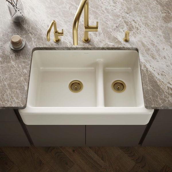 Whitehaven Smart Divide Farmhouse Apron-Front Cast Iron 36 in. Double Basin Kitchen Sink in Biscuit