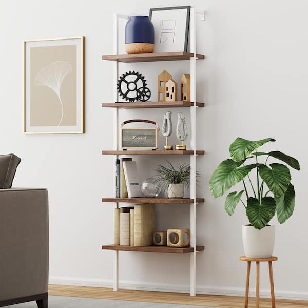 Nathan James Theo Natural Light Brown 5-Shelf Ladder Bookcase or Bookshelf with White Metal Frame