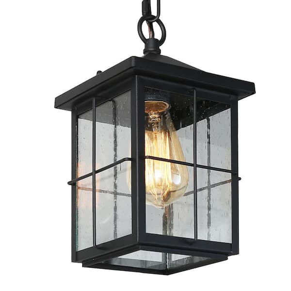 LNC Modern Farmhouse Black Outdoor Hanging Lantern 1-Light Coastal Pendant with Seeded Glass Shade for Covered Patio Porch