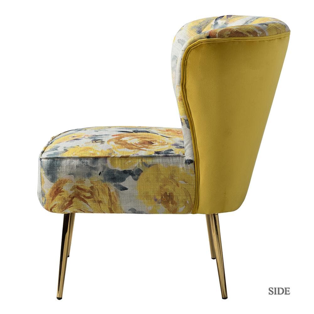 Yellow Floral Tufted Slipper Chair with Gold Metal Legs