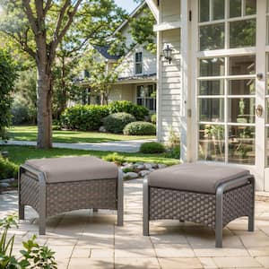 Royalcraft 2 Pieces Aluminum Outdoor Patio Ottoman Set, Outdoor Foot Stools With Thick Cushion Small Seat Furniture For Porch Balcony Backyard Grey
