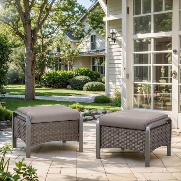 moosprr Farmhouse Brown Wicker Outdoor Ottoman with Gray Cushions and Edge Support Design (2-Pack)