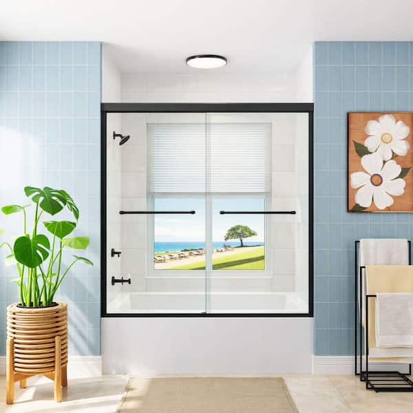 55 in. - 59 in. W x 56 in. H Double Sliding Semi-Frameless Tub Door in Matte Black with Clear Glass
