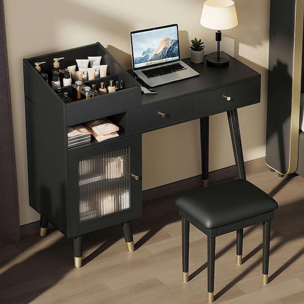 2-Piece Black Makeup Vanity Set with Drawers, Cabinet, Charging Port and Stool