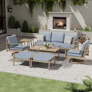 7-Piece Aluminum Patio Conversation Set with 3-Seat Couch, 2 Swivel Chairs, 2 Ottomans, Coffee Table and Blue Cushions