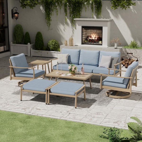 EGEIROSLIFE 7-Piece Aluminum Patio Conversation Set with 3-Seat Couch, 2 Swivel Chairs, 2 Ottomans, Coffee Table and Blue Cushions