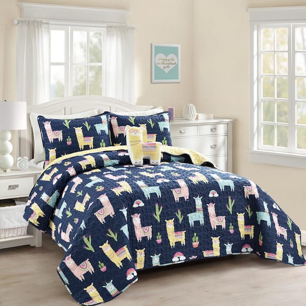 Lush Decor 3-Piece Navy/Yellow Twin Make A Wish Southwest Llama Cactus Quilt Set