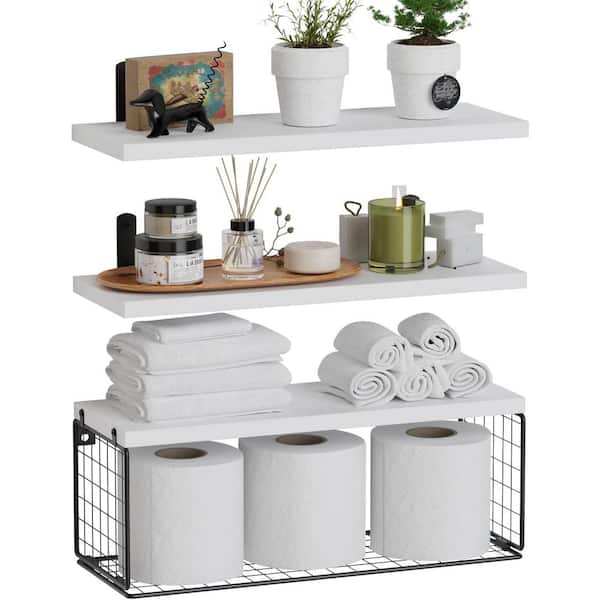 16.5 in. W x 15 in. D x 5.5 in. H White Wood Decorative Wall Shelf, Floating Bathroom Shelves