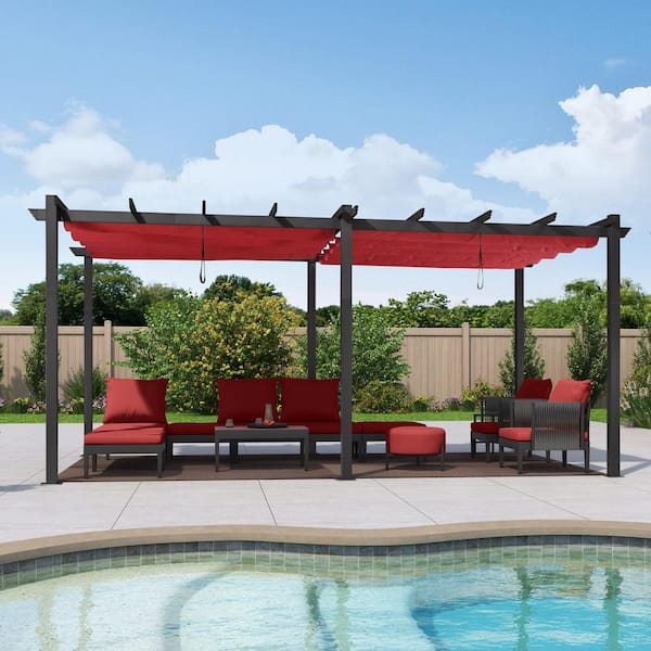 PURPLE LEAF 10 ft. x 18 ft. Gray Aluminum Frame Outdoor Patio Pergola with Red Retractable Sun Shade Canopy for Porch Garden Beach