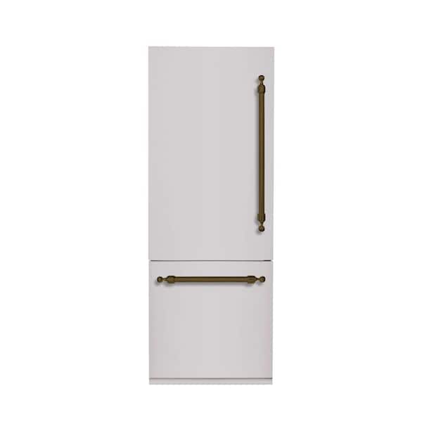Hallman Classico 30 in. 16 CF TTL. Counter-Depth Built-in Bottom Mount Refrigerator LH-Hinge in Stainless Steel W- Bronze Trim