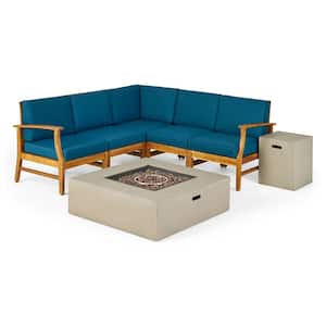 Illona Teak Brown 7-Piece Wood Patio Fire Pit Sectional Seating Set with Blue Cushions